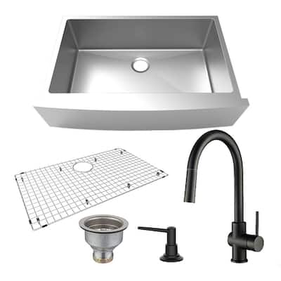 All-in-One Stainless Steel 35 in. Single Bowl Farmhouse Apron Front Kitchen Sink with Pull-down Faucet in Black Sink Kit