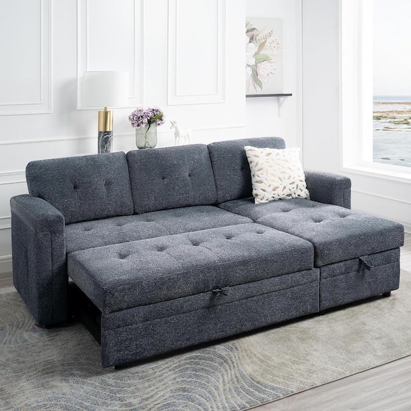 HOMESTOCK 84.85 in. Reversible Microfiber Sleeper Sectional Sofa in Gray with Storage and USB Ports