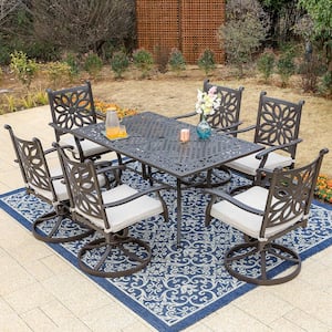 Brown 7-Piece Cast Aluminum Patio Outdoor Dining Set with Rectangle Table and Swivel Chairs with Beige Cushion