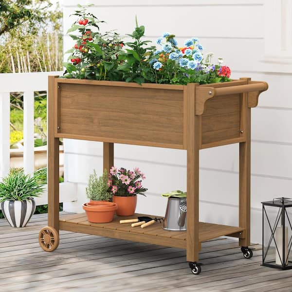 LUE BONA Vegeta 40 in. x 21 in. x 34 in. Teak Plastic Raised Garden Bed with Lockable Wheels Liner HDPS Elevated Garden Bed