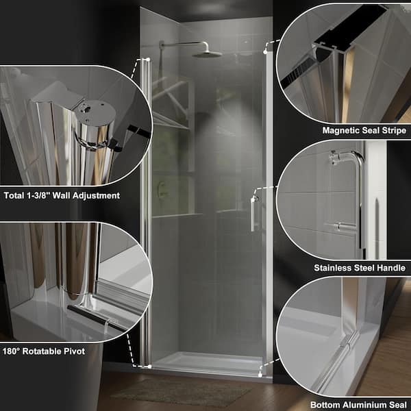 WOODSAM 30in. W x 72in. H Pivot Frameless Shower Door Aluminum