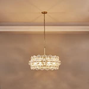 6-Light Distressed Gold Glam Chandelier, DIY Island Pendant Light with Hand-Made Glass Discs