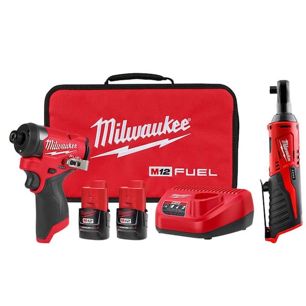 Milwaukee M12 FUEL 12-Volt Lithium-Ion Brushless Cordless 1/4 in. Hex Impact Driver Kit with M12 3/8 in. Ratchet