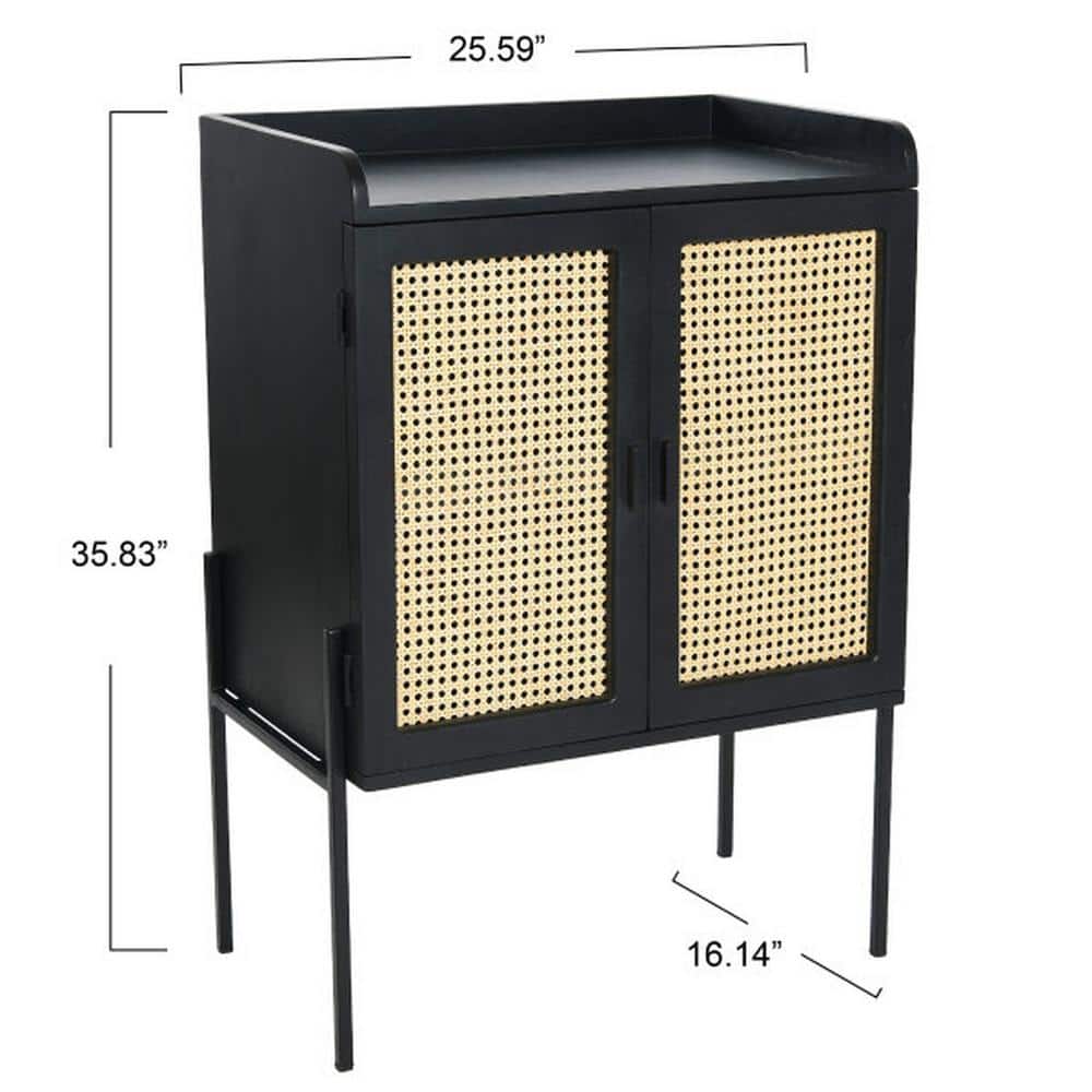 Black and Natural Solid Wood Bar Cabinet with Woven Cane Doors