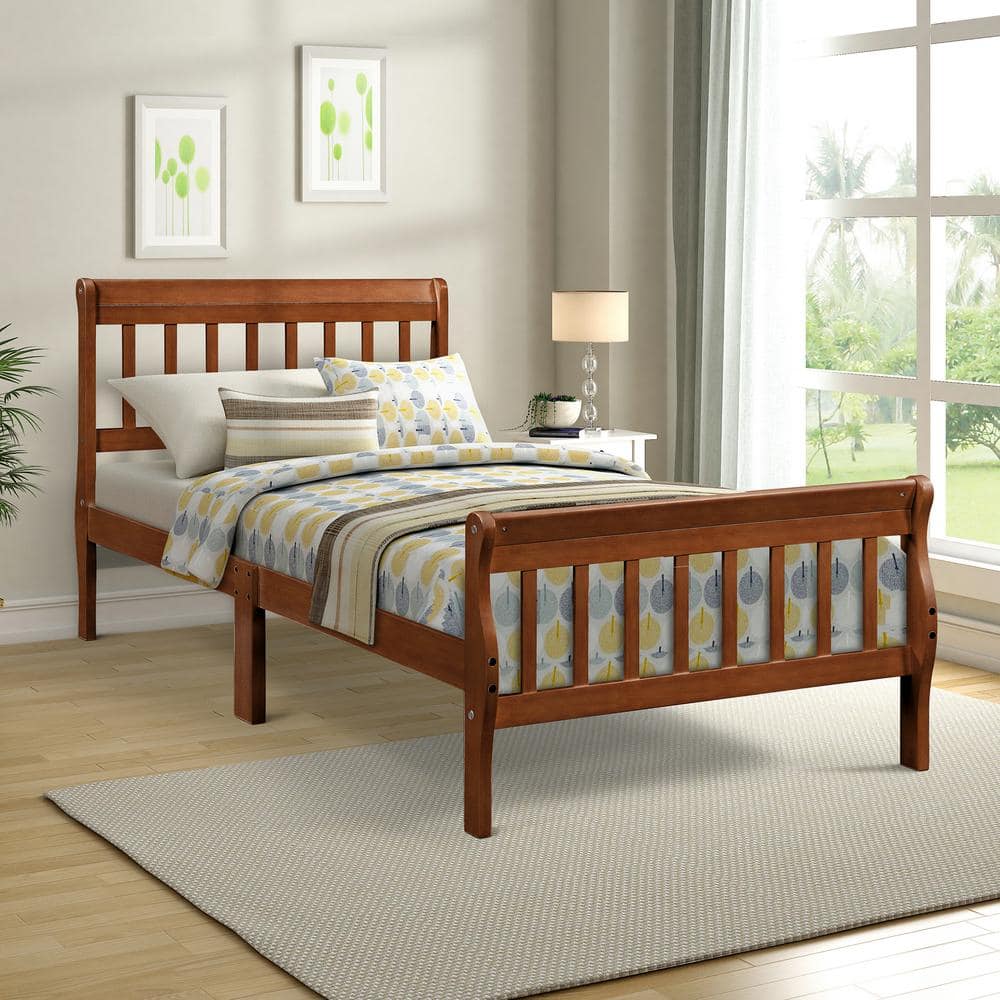 Harper & Bright Designs Oak(Brown) Wood Frame Twin Size Platform Bed, Sleigh Bed with Vertical Hollow Strip Shape Headboard and Footboard -  QMY220AAL