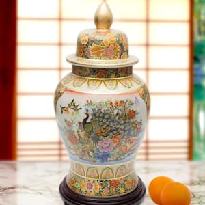 Oriental Furniture 24 in. Rose Medallion Satsuma Peacock Porcelain Temple Jar