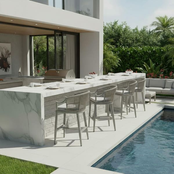 Modern Patio Wicker Metal Outdoor Bar Stool with Cushion, Backs and Ergonomic Armrest Balcony Garden Kitchen(4-Pack)