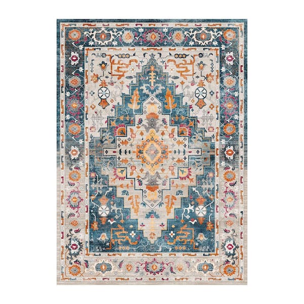 8 ft. x 10 ft. Blue Vintage Persian Washable, Traditional Oriental Indoor Carpet with Non-Slip Backing Area Rug