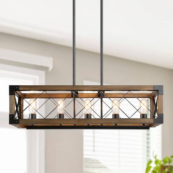 Wood Kitchen Chandelier 5-Light Linear Farmhouse Black Island Dining Room Chandelier Pendant with Rustic Rectangle Frame