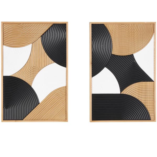 Litton Lane Wooden Brown Geometric Wall Art with Black and White Round Forms (Set of 2)