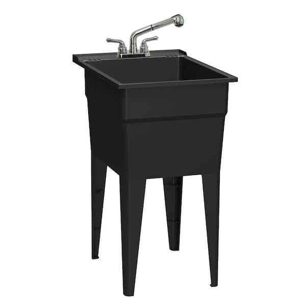 RUGGED TUB 18 in. x 24 in. Recycled Polypropylene Black Laundry Sink with 2 Hdl Non Metallic Pullout Faucet and Installation Kit