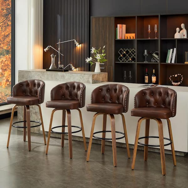 25.5 in. Walnut Brown Faux Leather Upholstered Wood Frame Swivel Counter Height Bar Stool (Set of 4)