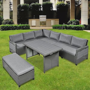 5-Piece Market Wicker Outdoor Patio Sectional Set L-Shaped Garden Furniture Set with 2 Tables with Gray Cushions