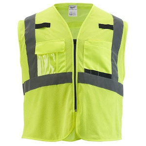 2X-Large/3X-Large Yellow Class-2 Polyester Mesh High Visibility Safety Vest with 9-Pockets