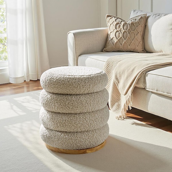 JAYDEN CREATION Anibal Tan Polyester Sherpa Round Swivel Ottoman