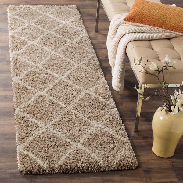 Hudson Shag Beige/Ivory 2 ft. x 10 ft. Geometric Diamonds Runner Rug