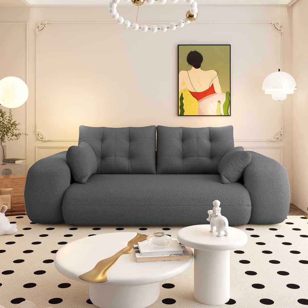 Polibi 78.7 in. Rolled Arm Teddy Sofa in Grey with 3-in-1 Teddy Fabric and 4 Pillows for Living Room SL519-9850277