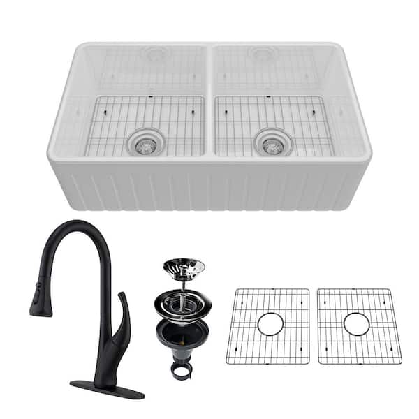 16 in. L Undermount Farmhouse Double Bowl White Fine Fireclay Double-Sided Kitchen Sink with Faucet and Accessories