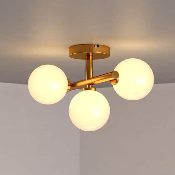 VAXCEL Graham 13 in. W Gold Brass Contemporary Semi Flush Mount Ceiling Light Fixture White Frosted Globes