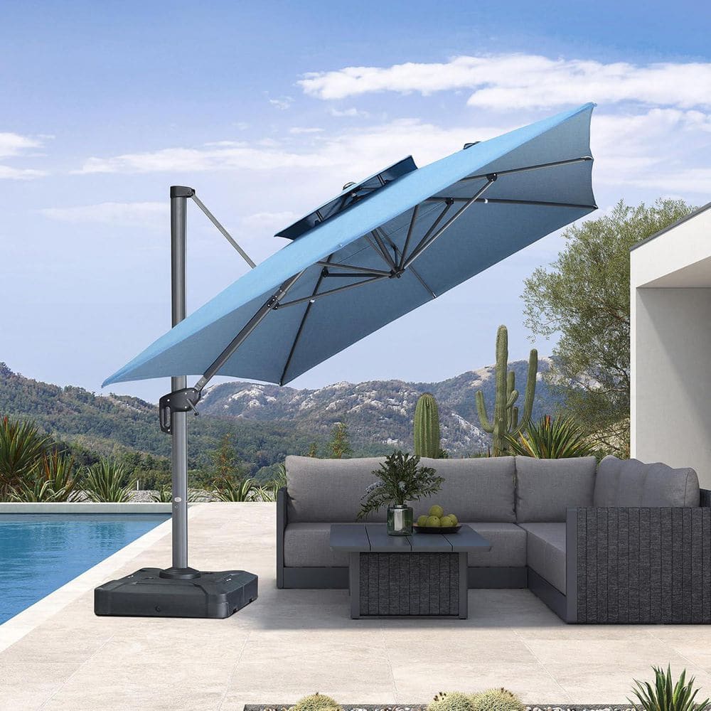 black offset cantilever hanging patio umbrella with dual wind vent Pellebant 9 ft. x 11 ft. Dual Top Outdoor Offset Cantilever 360 Rotation Patio Umbrella in Black with 350 lbs. Weighted Base