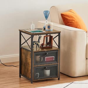 End Table with Charging Station, Nightstand with USB Ports and Power Outlets, Side Table with Storage Drawers，Brown