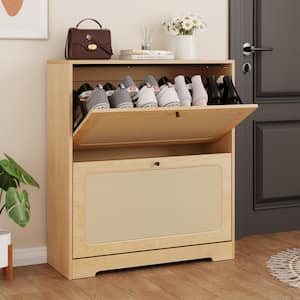 36 in. H x 31.5 in. W Rattan Shoe Storage Cabinet with 2-Flip Drawers, 16-Pairs Shoe Cabinet for Entryway