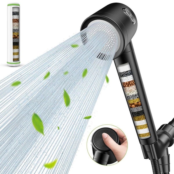 3-Spray Wall Mount Type Handheld Shower Head, High Pressure 1.8 GPM, Black Finish, 18-Stage Filter, Stainless Steel Hose