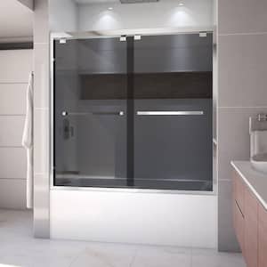 Encore 60 in. W x 58 in. H Sliding Semi Frameless Tub Door in Chrome Finish with Gray Glass