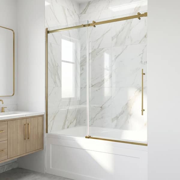 Luca 56 to 60 in. W x 58 in. H Sliding Frameless Tub Door in Matte Brushed Gold with 3/8 in. (10mm) Clear Glass