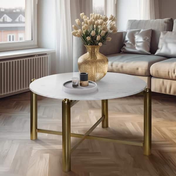 35 in. Gold/White Round Marble and Metal Coffee Table