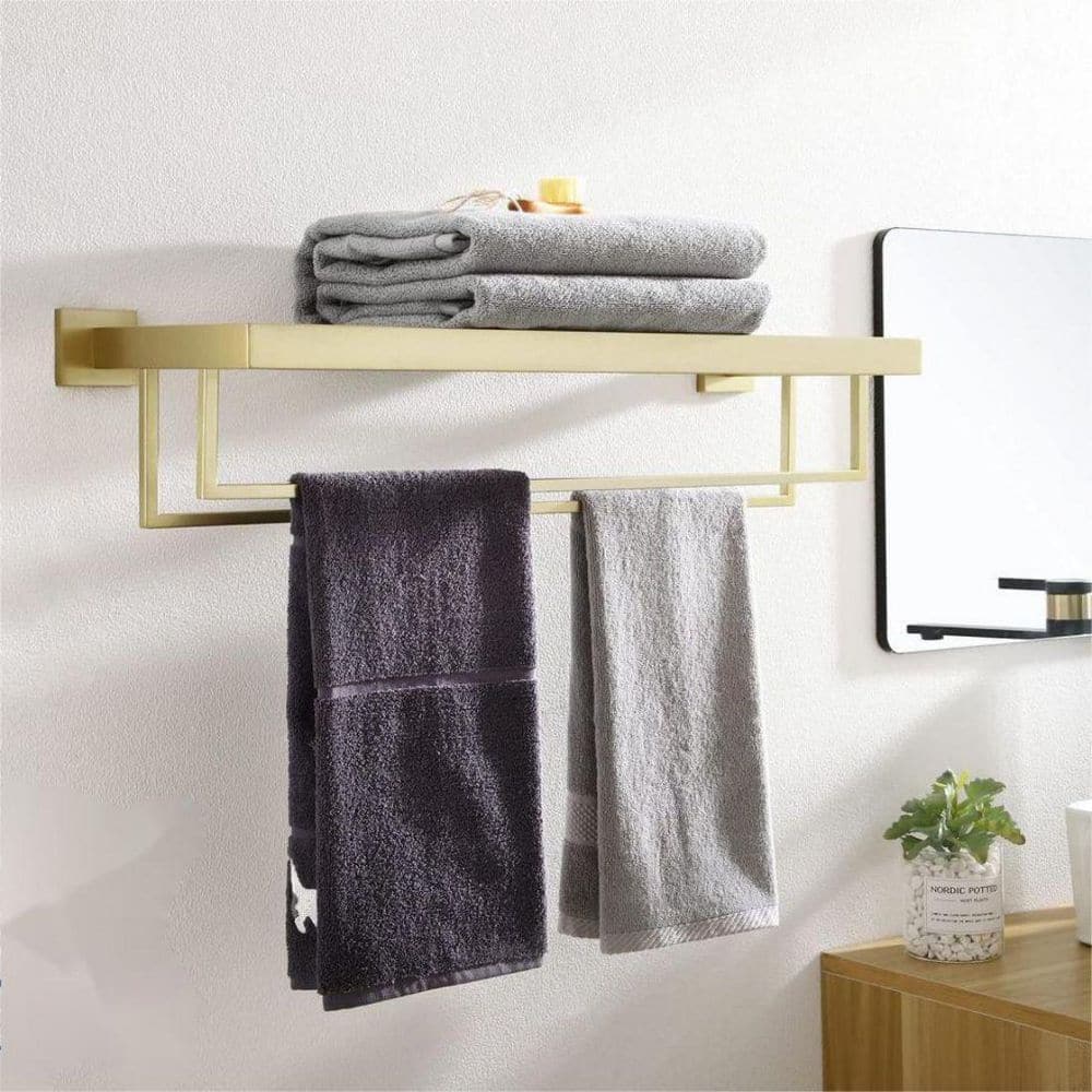 Brushed Gold Wall Mounted Double Towel Rack with Shelf