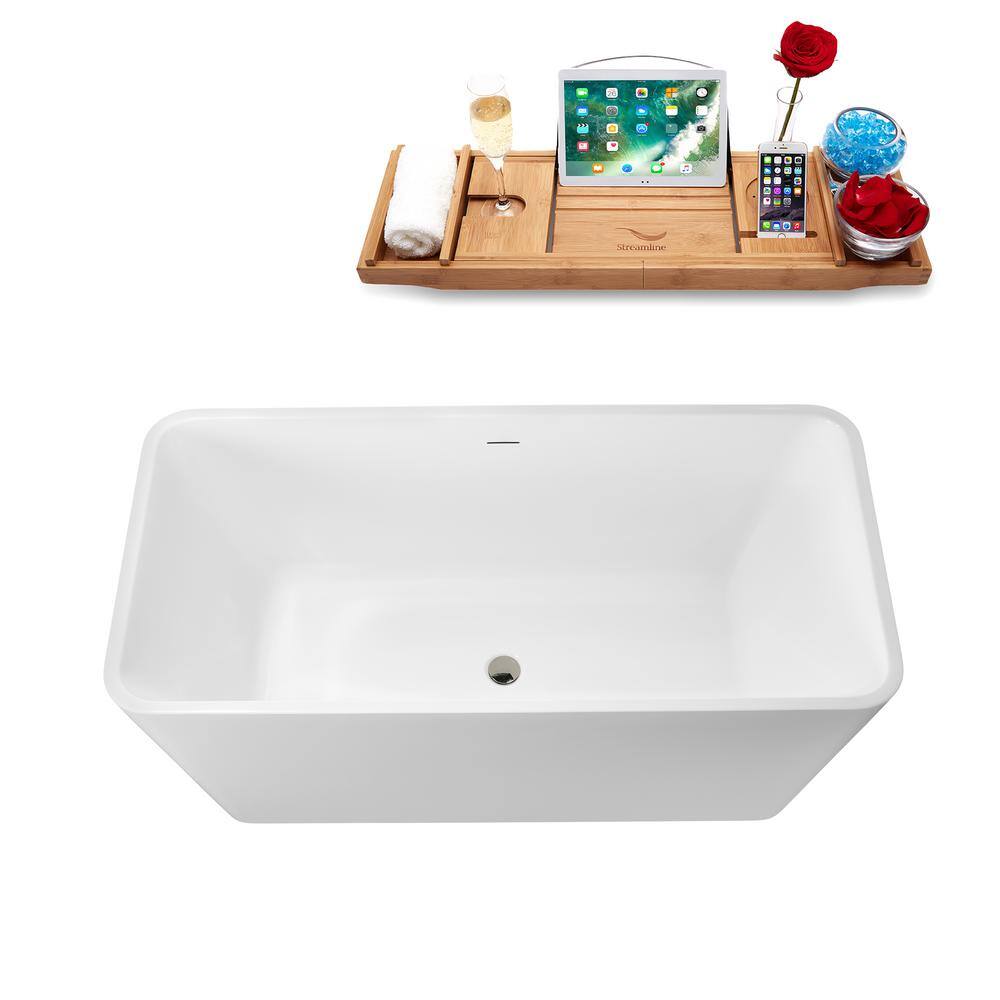 59" Glossy White Acrylic Freestanding Soaking Tub with Bamboo Tray