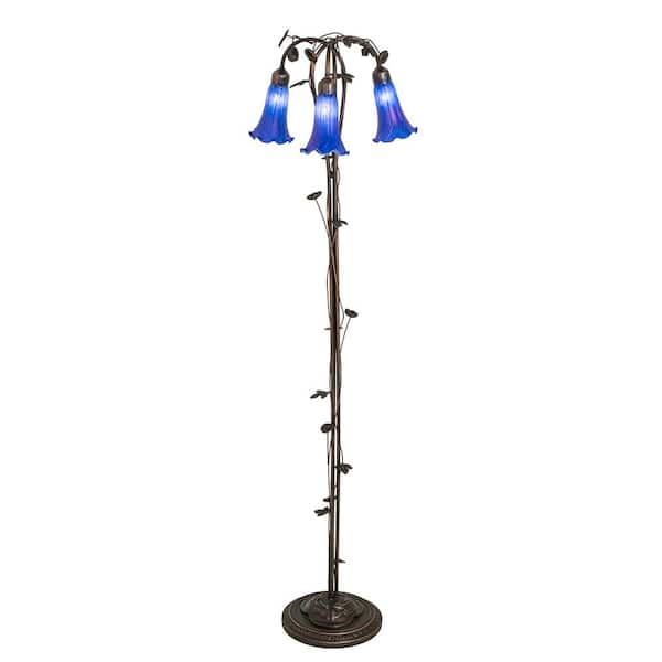 MEYDA Pond Lily 58 in. Mahogany Bronze Victorian 3-Light Dimmable Arc Floor Lamp with Glass Cone Shade