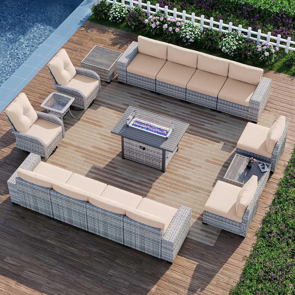 16-Piece Wicker Patio Conversation Set with Fire Pit Table and Top Table. Swivel Rocking Chairs with Beige Cushions price history on PriceWatchPro