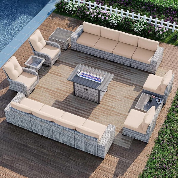 muphyers 16-Piece Wicker Patio Conversation Set with Fire Pit Table and Top Table. Swivel Rocking Chairs with Beige Cushions