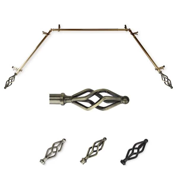 EMOH 13/16" Dia Adjustable 20"-36", 38"-72" Bay Window Curtain Rod with Cassandra Finials in Antique Brass