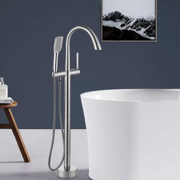 Satico Modern Single-Handle Floor-Mount Freestanding Tub Faucet Filler with Hand Shower in Brushed Nickel