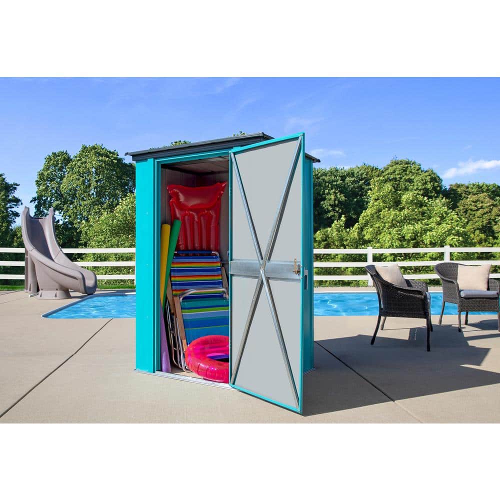 Teal Metal Patio Shed with Tall Walls and Wide Door