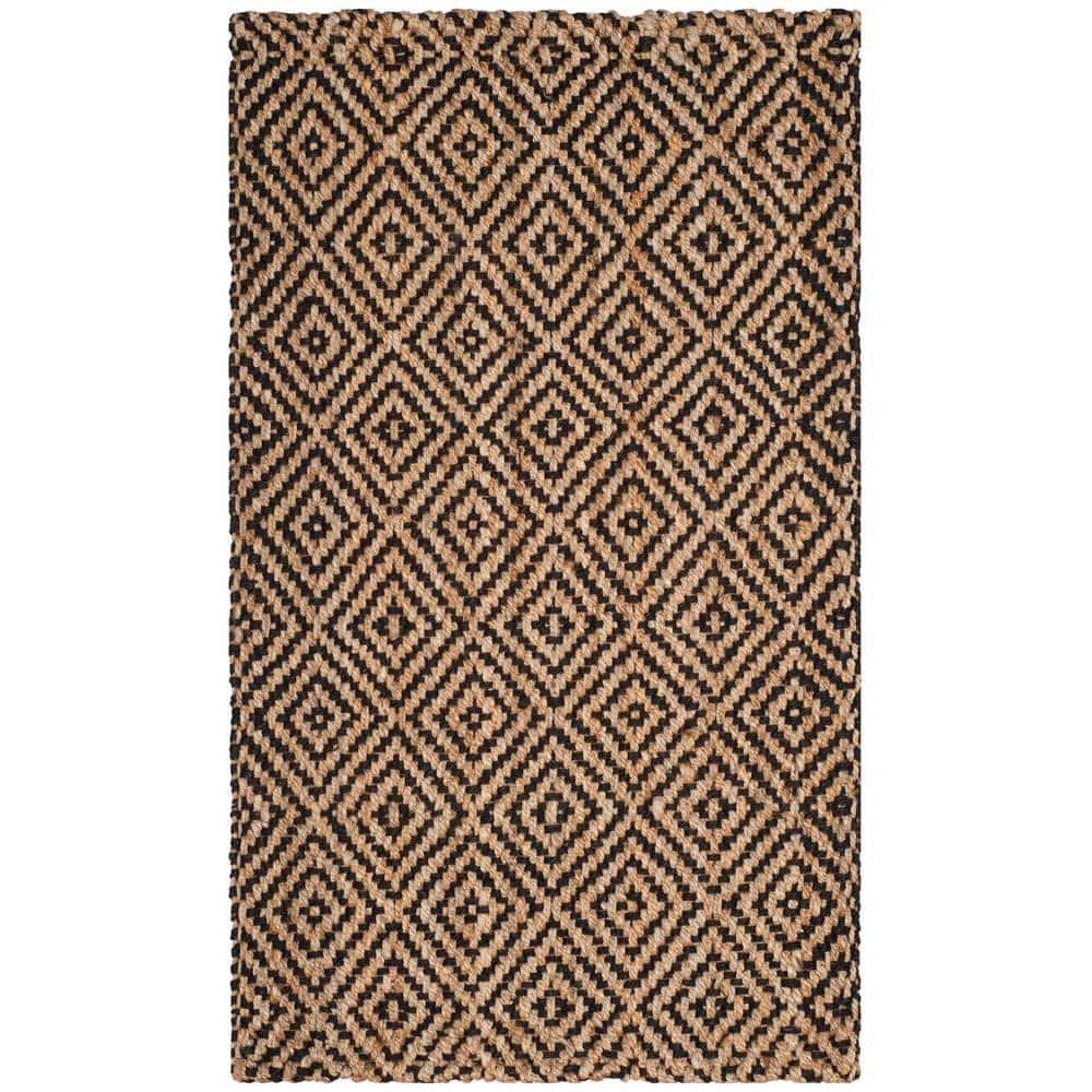 Hand-Knotted Geometric Jute Area Rug in Natural/Black, Round