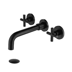 Spot Resistant 2-Handle Wall Mount Bathroom Sink Faucet with Drain in Matte Black