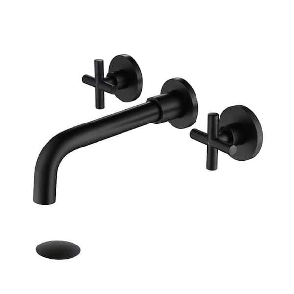 Magic Home Spot Resistant 2-Handle Wall Mount Bathroom Sink Faucet with Drain in Matte Black