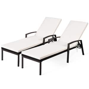Brown Reclining Wicker Outdoor Lounge Chair Back Adjustable Recliner Chaise with White Cushion (2-Pack)