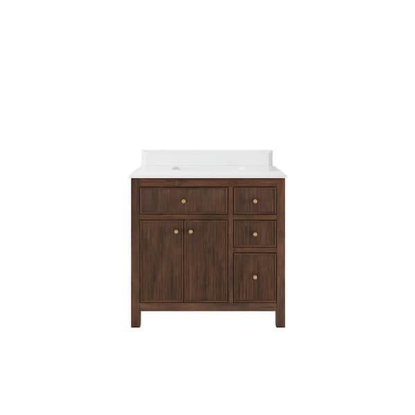 Willow Collections Sonoma Teak 36 in. Single Sink Freestanding Dark Walnut Bath Vanity with White Qt. Top Unassembled