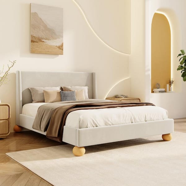 Polibi Beige Wood Frame Queen Size Fabric Upholstered Platform Bed