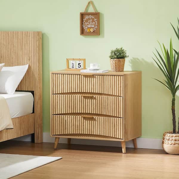 Oak 3 Drawer 31.6 in. Wide Dresser with Fluted Front Panel for Bedroom, Living Room and Entryway