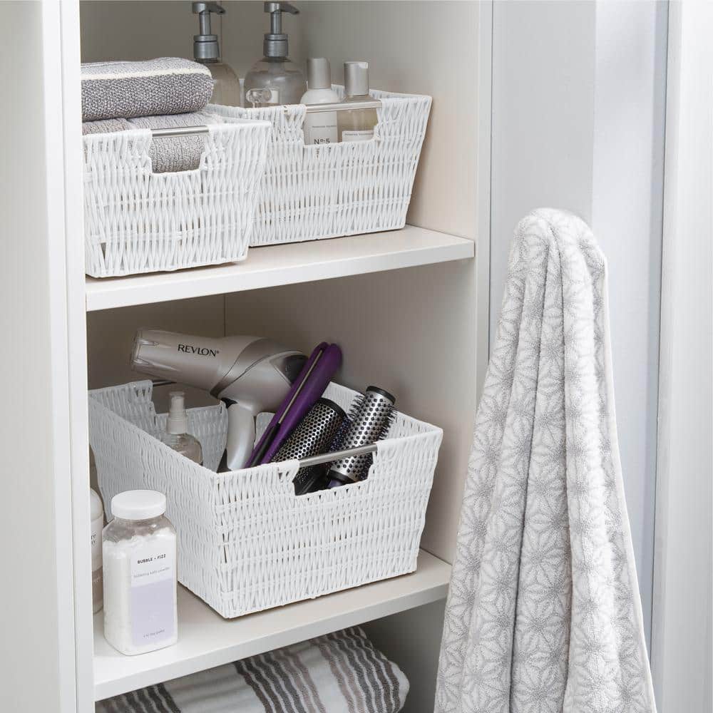 White Rectangular Rattan Storage Baskets with Iron Handles, Set of 3