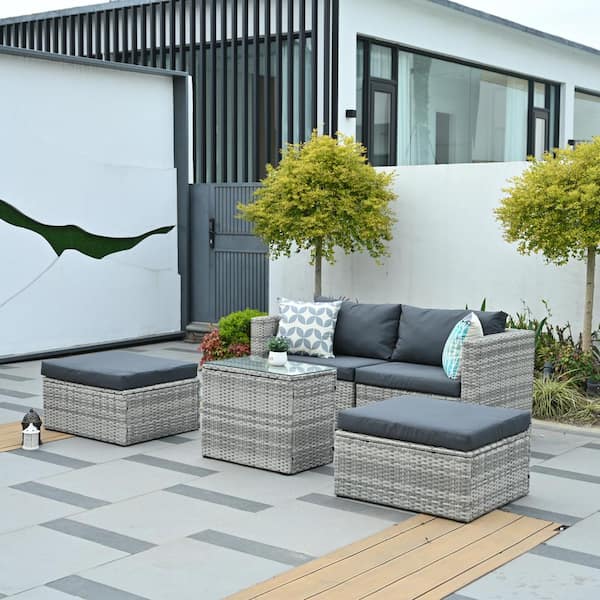 Nestfair Gray 5-Piece Wicker Patio Conversation Set with Dark Gray Cushions