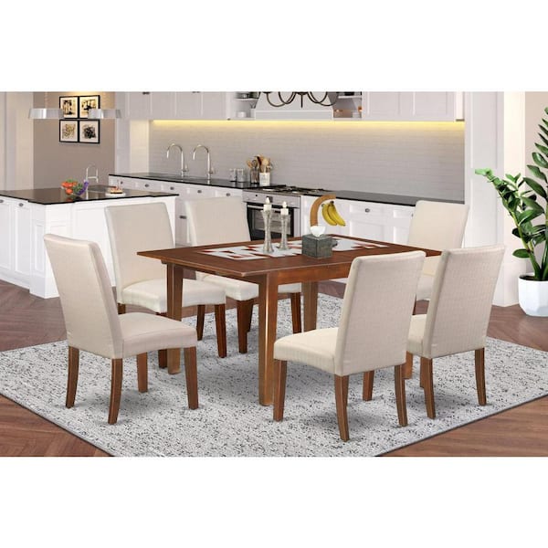 East West Furniture 7-Piece Rectangle Mahogany Finish Solid Wood Top Dining Table with 6 Parson Chairs with Lattice Back