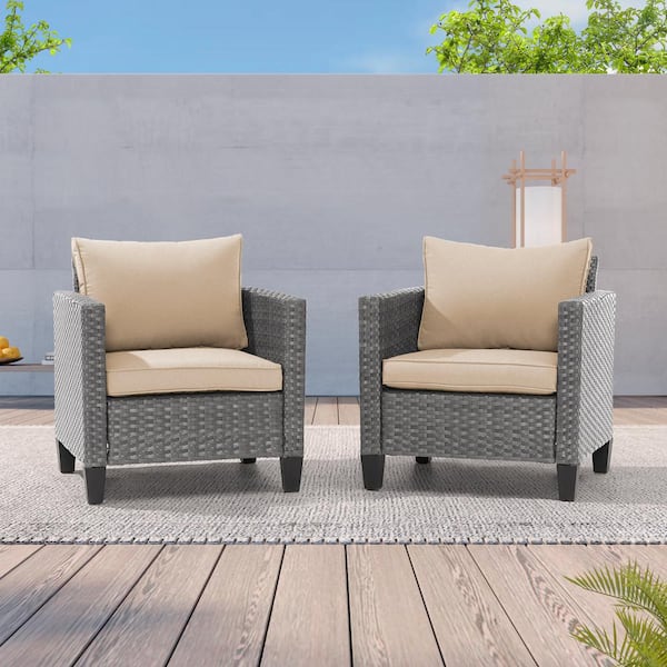 JOYESERY 2-Pack Gray Wicker Patio Outdoor Single Sofa with Linen Flax Beige Cushion