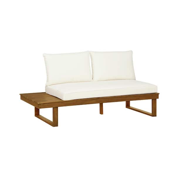 Linon Home Decor Didier Natural Brown Wood Outdoor Left-Side Loveseat with Beige Polyester Cushions